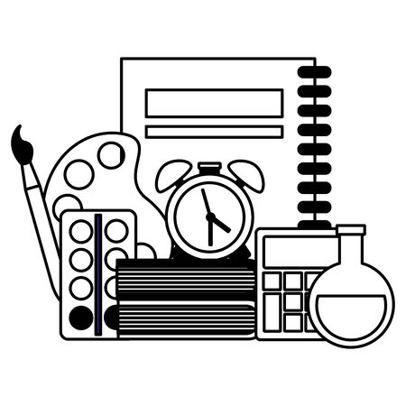 book clock alarm test tube calculator palette color paintbrush back to school vector illustrationのイラスト素材