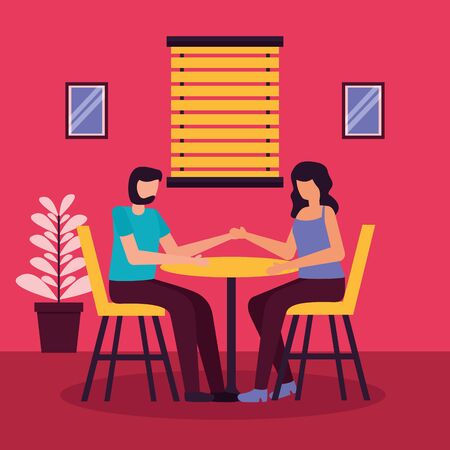 couple holding hands sitting table and chairs romantic activities flat design vector illustrationのイラスト素材