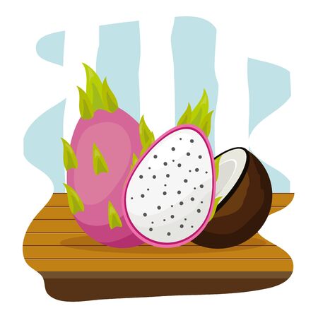 dragon fruit and coconut tropical fruits table vector illustrationのイラスト素材