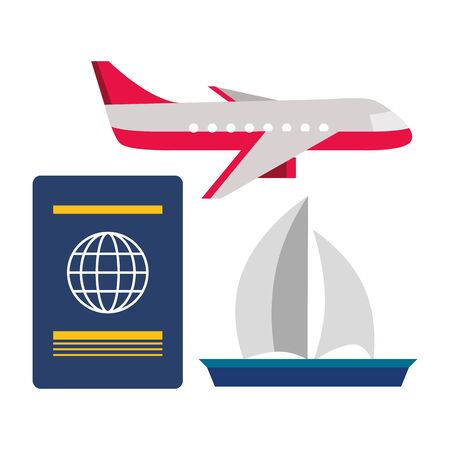 vacations airplane passport and sailing boat  vector illustrationのイラスト素材