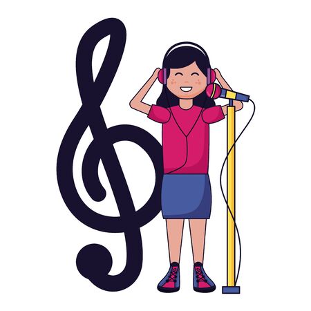 girl with headphones and microphone musical note listening music vector illustrationのイラスト素材