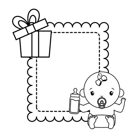 cute girl in diaper with bottle and gift baby shower vector illustrationのイラスト素材