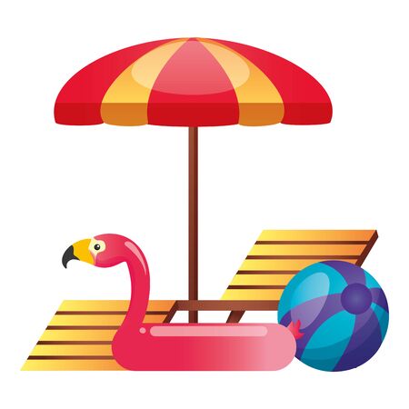 summer time holiday deck chair umbrella flamingo float and ball vector illustrationのイラスト素材