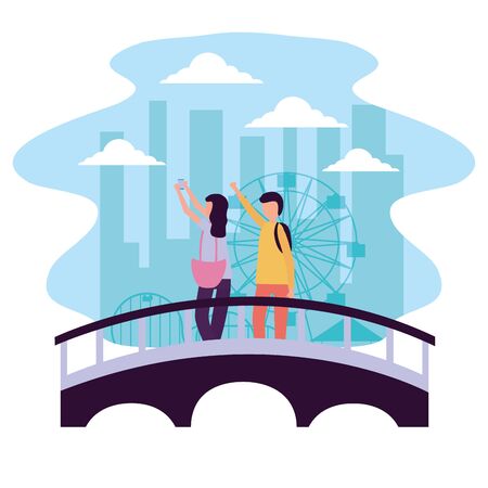 man and woman taking selfie in the bridge city park activities outdoors vector illustrationのイラスト素材