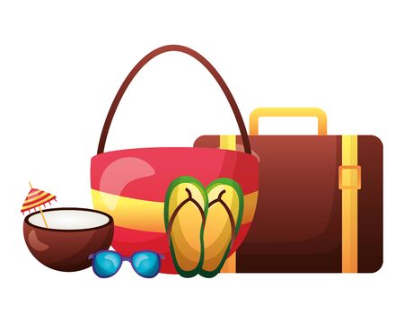 summer time holiday suitcase bag flip flops coconut sunglasses  vector illustrationのイラスト素材