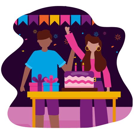 man and woman party cake birthday celebration vector illustrationのイラスト素材
