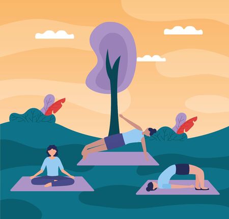 city park yoga outdoor women flexing body doing exercises vector illustrationのイラスト素材