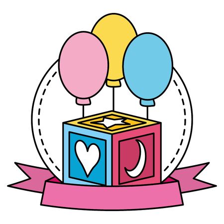 cube block with figures toy and balloons helium vector illustration designのイラスト素材