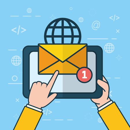 hands with tablet notification world send email vector illustrationのイラスト素材