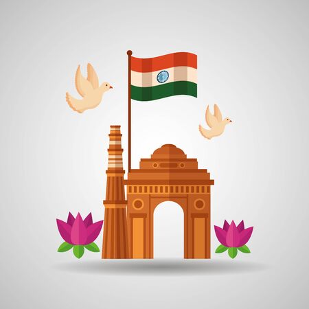 happy independence day india famous temple with flag and flowers vector illustrationのイラスト素材
