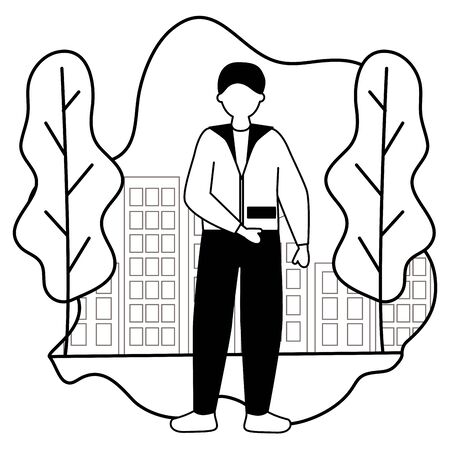 celebrating man character in the city park vector illustration white and blackのイラスト素材