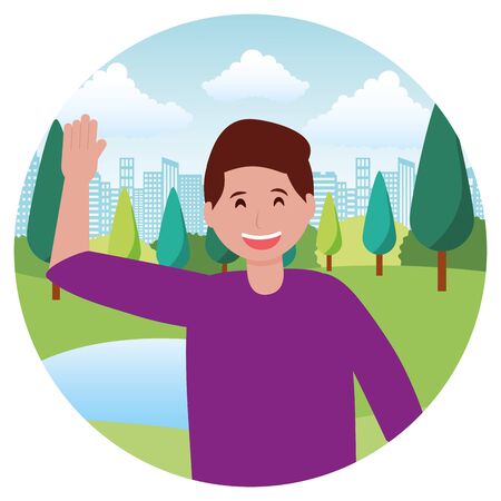 happy young man character in the park city street vector illustrationのイラスト素材