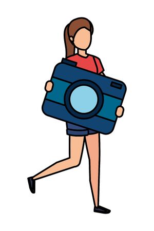 young woman lifting camera photographic character vector illustration designのイラスト素材