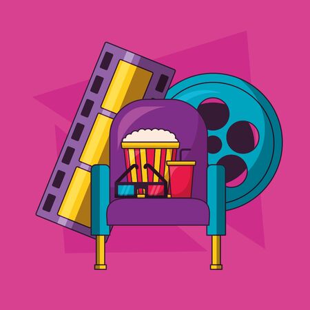seat pop corn soda 3d glasses reel strip film cinema movie vector illustrationのイラスト素材