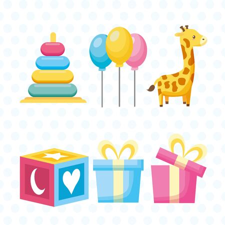 baby shower toys giraffe balloons gifts vector illustrationのイラスト素材