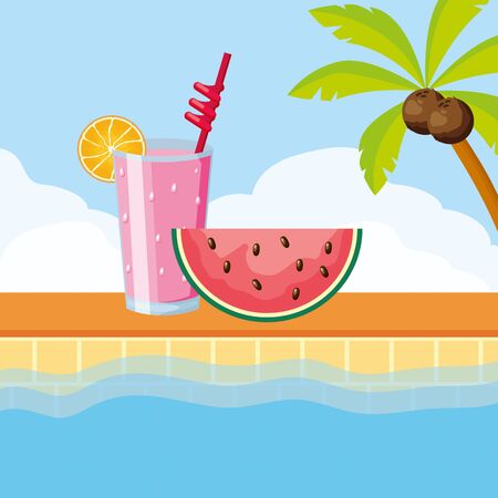 summer time holiday pool cocktail and watermelon sliceのイラスト素材