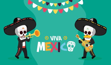 skeletons with trumpet and guitar celebration viva mexico vector illustrationのイラスト素材