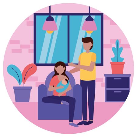 dad and mom feeding newborn pregnancy and maternity vector illustrationのイラスト素材