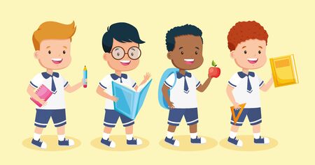 group boys with book apple pencil back to school vector illustrationのイラスト素材