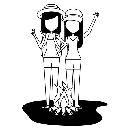 summertime holiday young girls and bonfire illustrationのイラスト素材