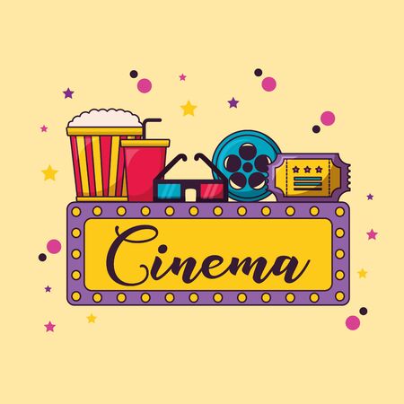 billboard 3d glasses reel ticket pop corn cinema movie illustrationのイラスト素材