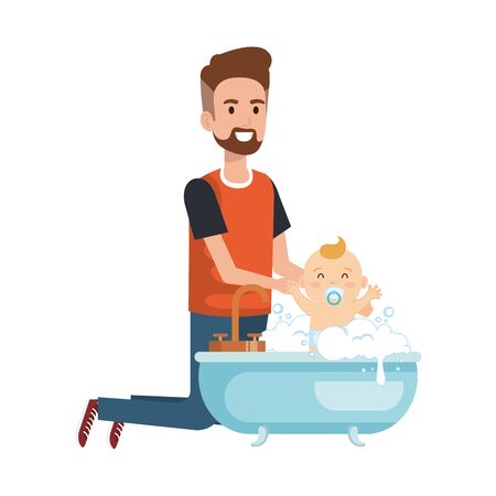 father with baby bathing in the bathtub  illustration designのイラスト素材