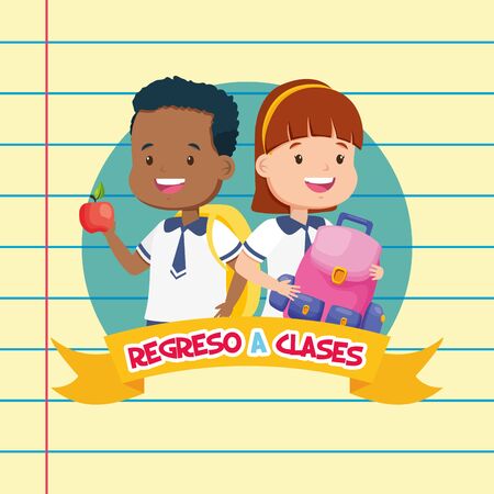 kids with apple and bag back to school vector illustrationのイラスト素材