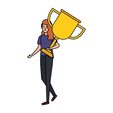 young woman lifting trophy cup award vector illustration designのイラスト素材