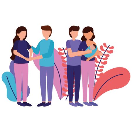 pregnancy woman mother carrying baby and feeding and maternity scene flat vector illustrationのイラスト素材