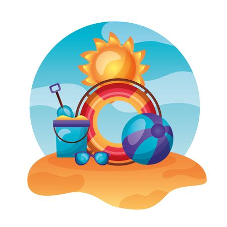 summer time holiday beach ball lifebuoy bucket sand sun vector illustrationのイラスト素材