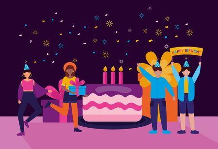 happy birthday cake confetti people celebrate vector illustrationのイラスト素材