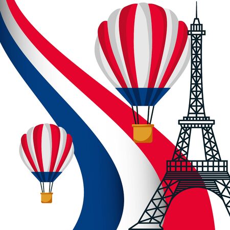 eiffel tower hot air balloons flag happy bastille day vector illustrationのイラスト素材