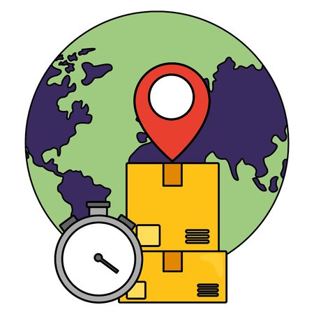 world clock boxes location pointer fast delivery business vector illustrationのイラスト素材