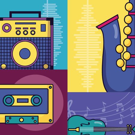 sound amplifier cassette saxophone fiddle festival music poster vector illustrationのイラスト素材