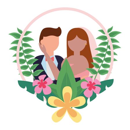 bride and groom wreath flowers wedding day vector illustrationのイラスト素材