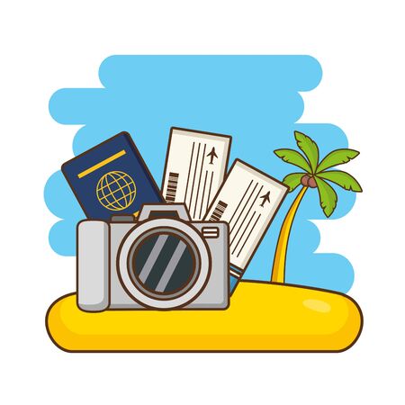 beach vacations camera tickets passport palm  vector illustrationのイラスト素材