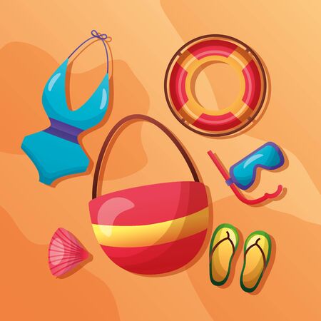 summer time holiday sand bag lifebuoy flip flops bikini snorkel shell vector illustrationのイラスト素材