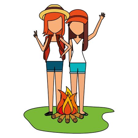 summer time holiday young girls and bonfire vector illustrationのイラスト素材