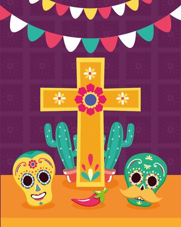 cross sugar skulls cactus decoration celebration viva mexico vector illustrationのイラスト素材