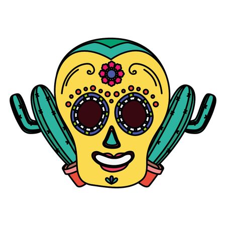day of the dead celebration skull mask and cactus vector illustration designのイラスト素材