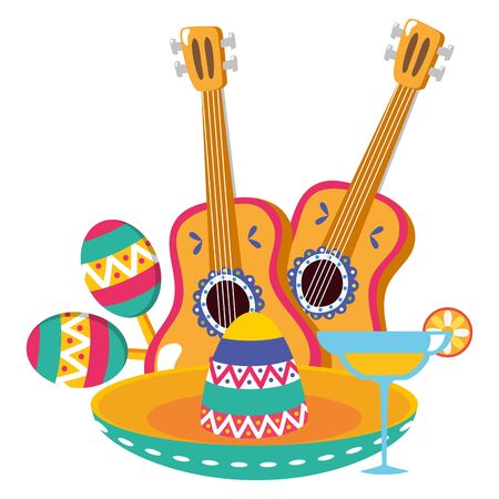 mexican hat with guitar and maracas vector illustration designのイラスト素材