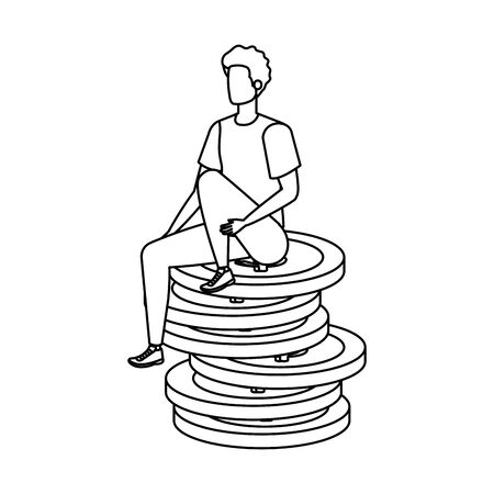 young and casual man seated in coins money vector illustration designのイラスト素材