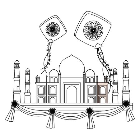 taj mahal indian mosque with kites flying vector illustration designのイラスト素材