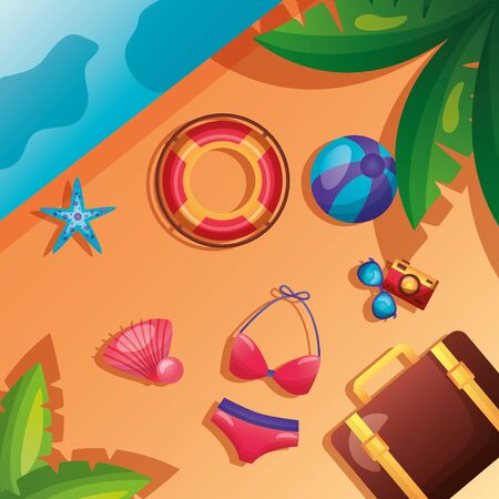 summer time holiday top view bikini bag lifebuoy ball camera sunglasses sea sand leaves vector illustrationのイラスト素材