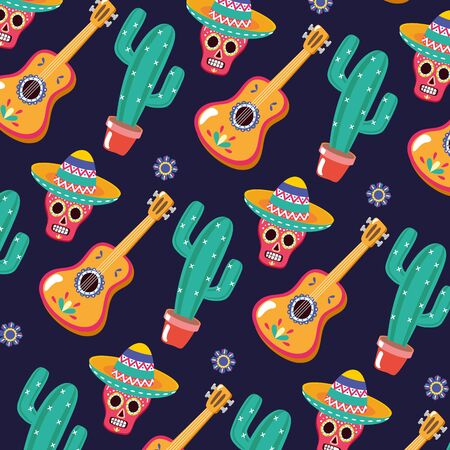 sugar skull guitar and cactus celebration viva mexico background vector illustrationのイラスト素材