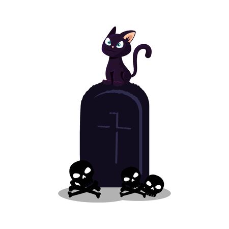 halloween tomb with cat and skulls vector illustration designのイラスト素材