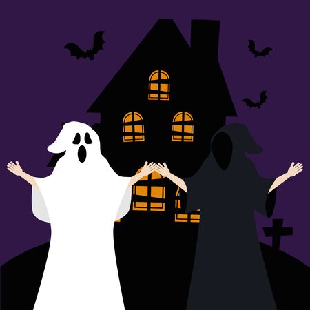 halloween young men disguised of death and ghost vector illustration designのイラスト素材