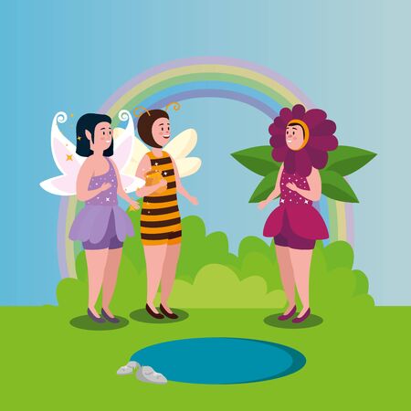 women disguised bee and flower with fairy in scene magic vector illustration designのイラスト素材
