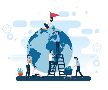 teamwork workers with planet earth and icons vector illustration designのイラスト素材