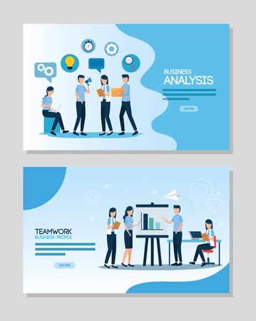 teamwork set scenes of analysis infographic vector illustration designのイラスト素材